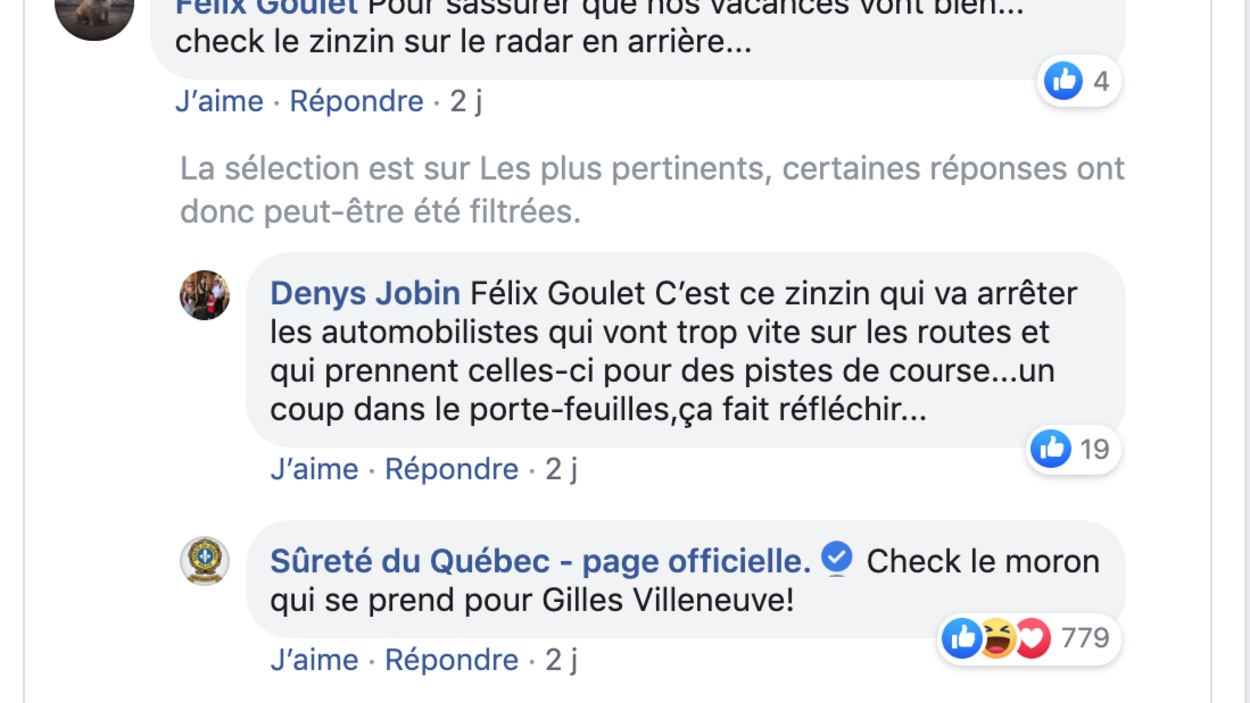 Une réponse de la Sûreté sur Québec à un internaute se plaignant sur le réseau social Facebook. Une réponse de la Sûreté sur Québec à un internaute se plaignant sur le réseau social Facebook.