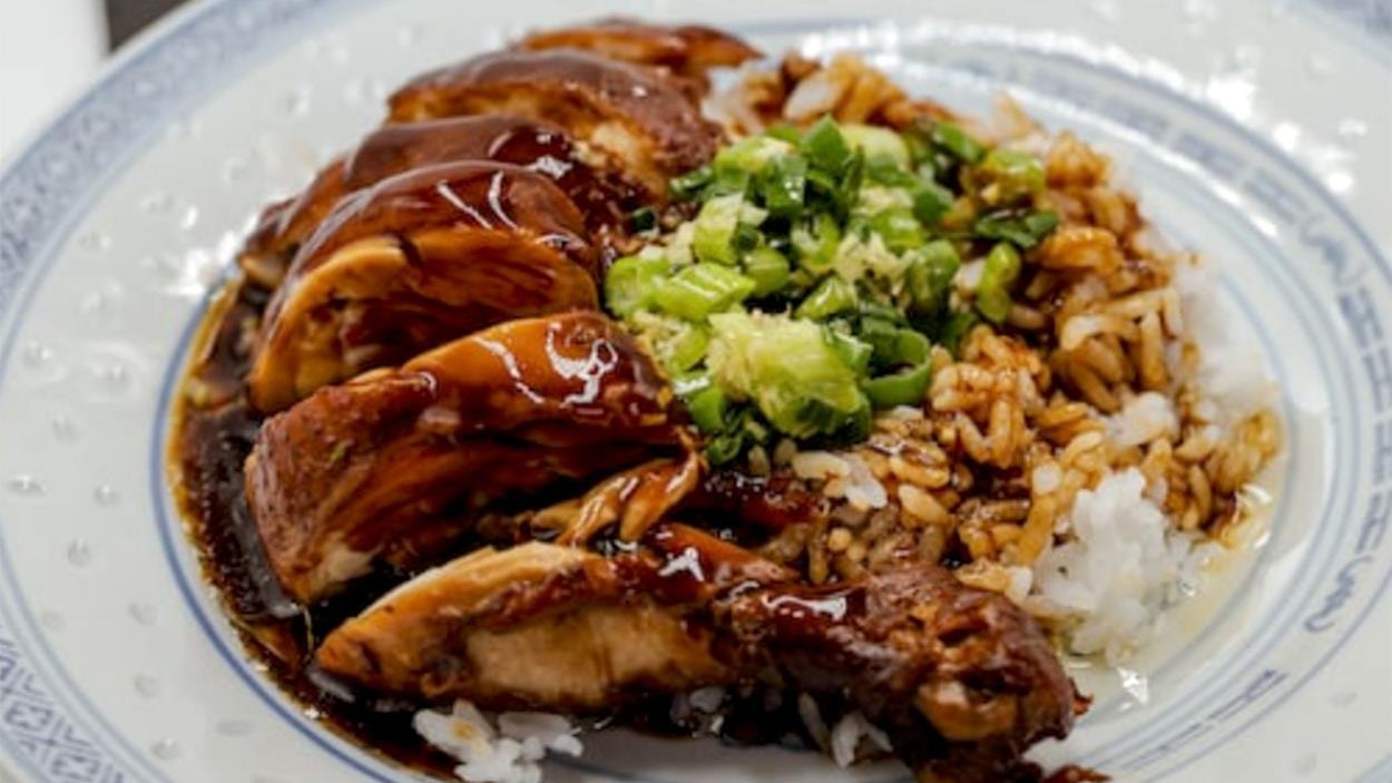 Une assiette avec un morceau de poulet et du riz. Une assiette avec un morceau de poulet et du riz.
