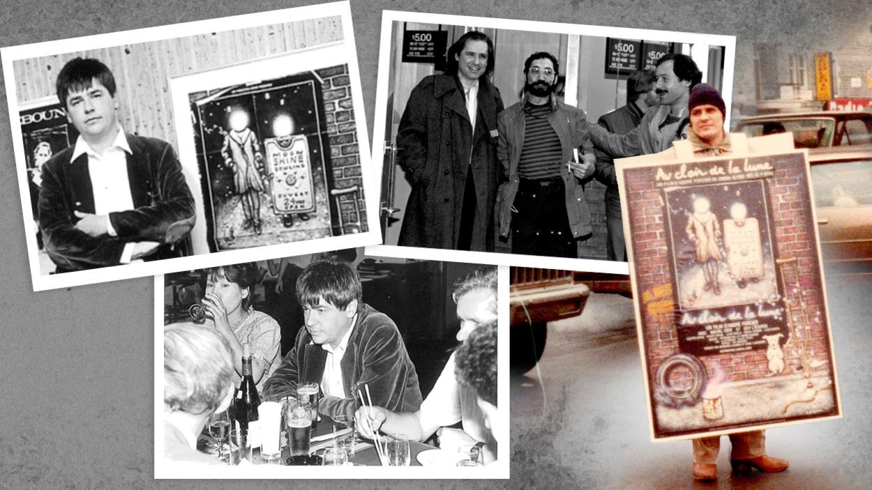 Montage d'images d'André Forcier, de Gaston Lepage et d'un homme assurant la publicité d'Au clair de la lune Montage d'images d'André Forcier, de Gaston Lepage et d'un homme assurant la publicité d'Au clair de la lune