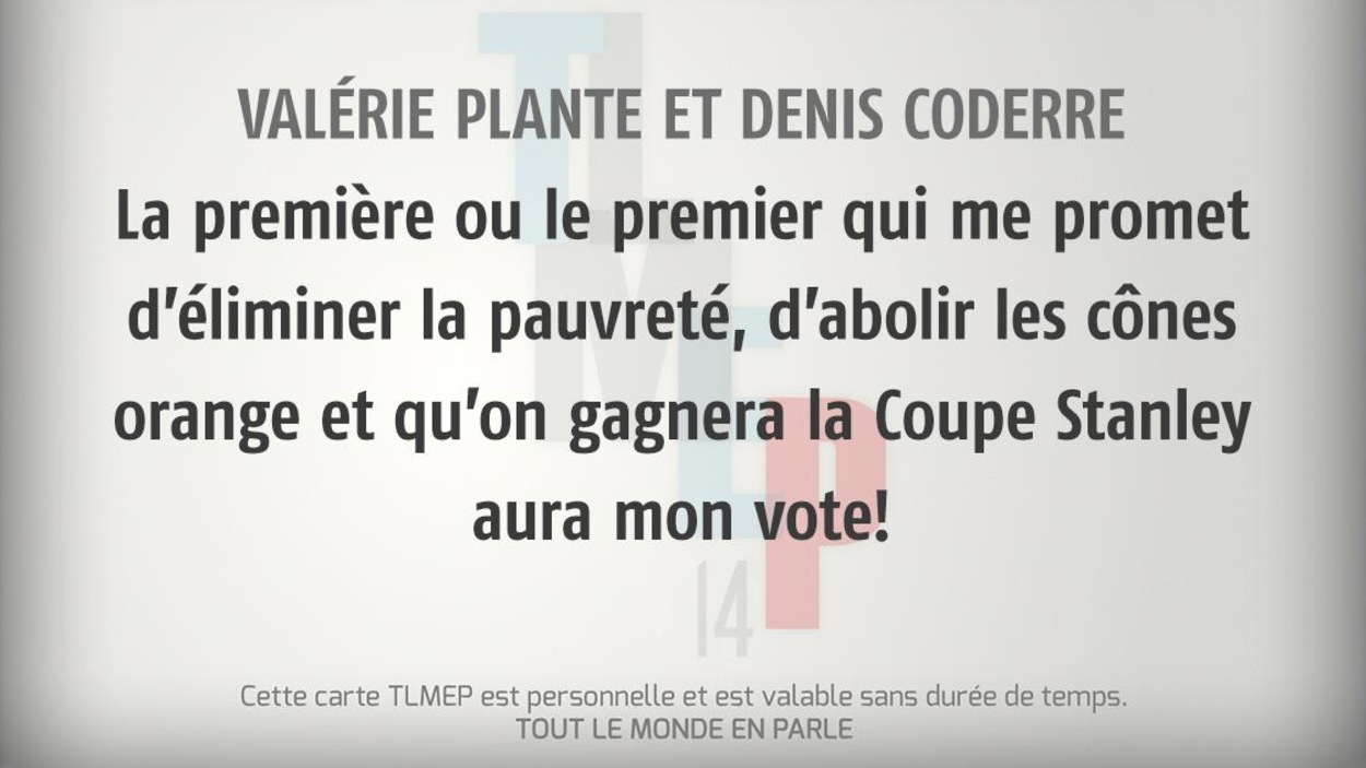 Valérie Plante et Denis Coderre : La première ou le premier qui me promet d’éliminer la pauvreté, d’abolir les cônes orange et qu’on gagnera la Coupe Stanley aura mon vote! Valérie Plante et Denis Coderre : La première ou le premier qui me promet d’éliminer la pauvreté, d’abolir les cônes orange et qu’on gagnera la Coupe Stanley aura mon vote!