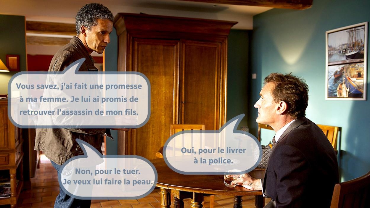 Des répliques ajoutées sur une photo de deux hommes qui se parlent. Des répliques ajoutées sur une photo de deux hommes qui se parlent.