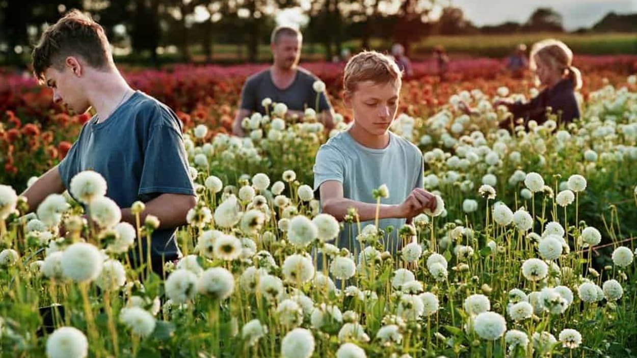 Deux garçons et deux adultes dans un champ de fleurs. Deux garçons et deux adultes dans un champ de fleurs.