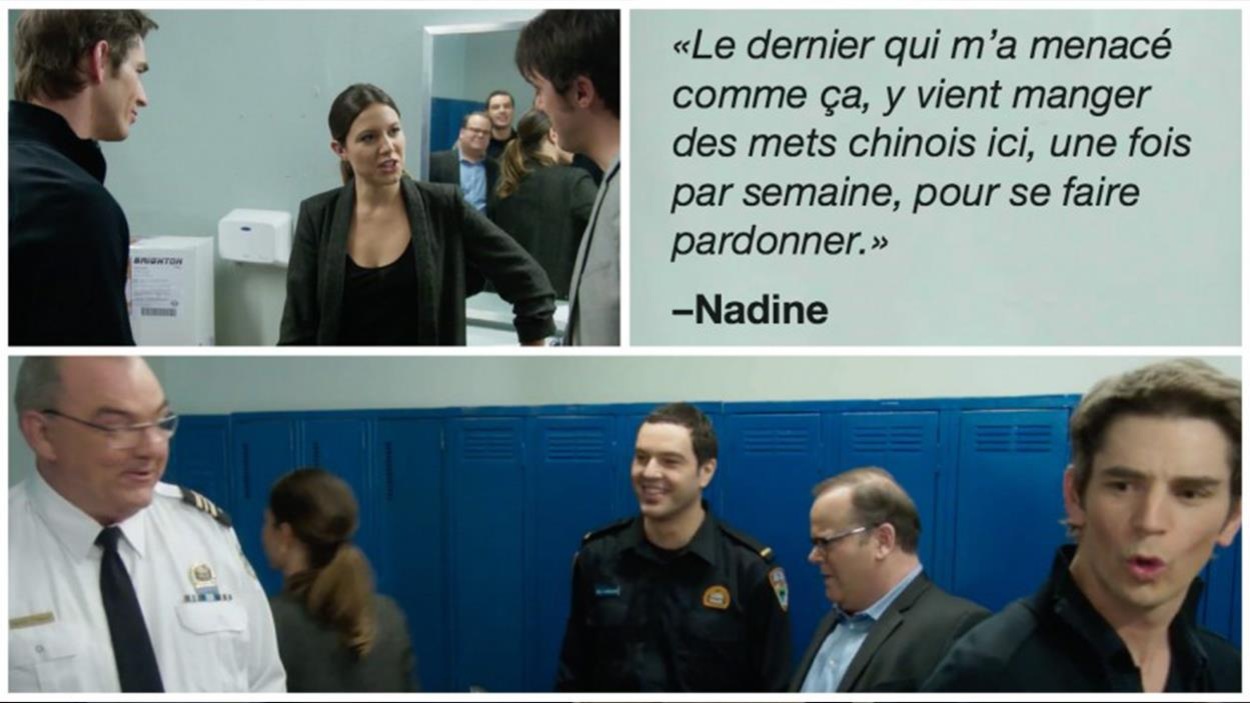 Nadine Legrand qui discutent avec les boys du 31 dans les toilettes. Nadine Legrand qui discutent avec les boys du 31 dans les toilettes.