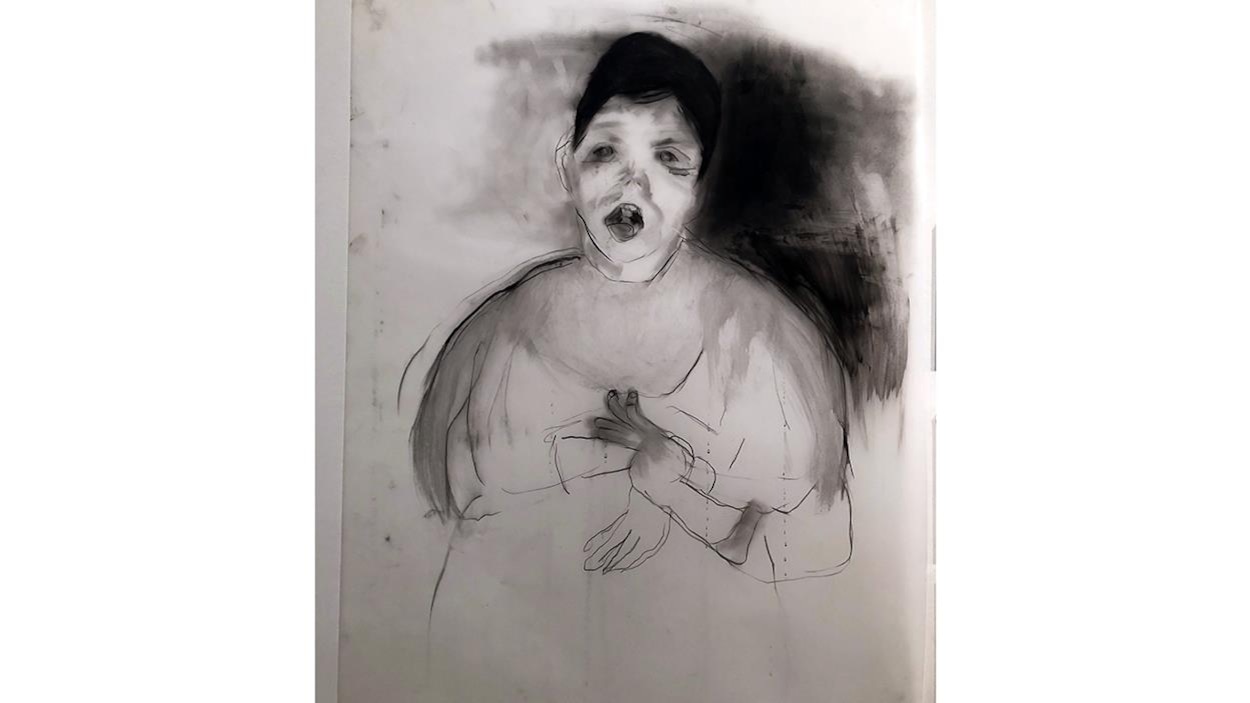 Un dessin en noir et blanc d'un garçon, la bouche ouverte et les mains devant lui. Un dessin en noir et blanc d'un garçon, la bouche ouverte et les mains devant lui.