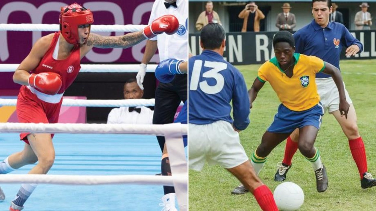 Sur la gauche, la boxeuse Tammara Thibeault sur un ring et à droite, un footballeur brésilien en pleine action. Sur la gauche, la boxeuse Tammara Thibeault sur un ring et à droite, un footballeur brésilien en pleine action.