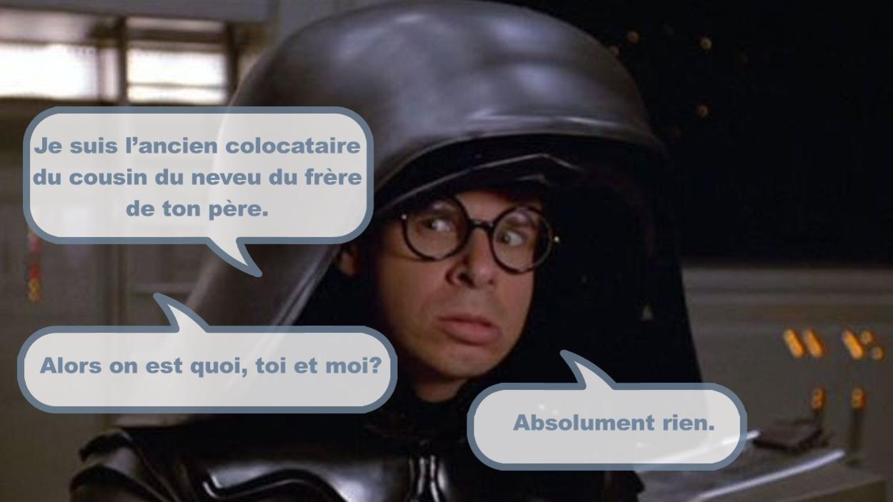 Un homme portant un casque, dans l'espace, dit: Je suis l'ancien colocataire du cousin du neveu du frère de ton père. Alors, on est quoi, toi et moi? Absolument rien. Un homme portant un casque, dans l'espace, dit: Je suis l'ancien colocataire du cousin du neveu du frère de ton père. Alors, on est quoi, toi et moi? Absolument rien.