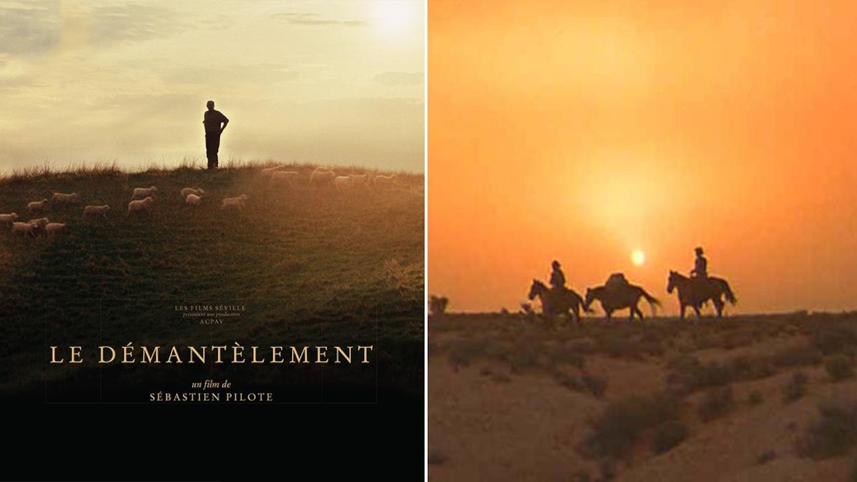 À gauche, l'affiche du film Le démantèlement, à gauche un plan d'un western, où trois silhouettes à cheval avancent sous le soleil couchant. À gauche, l'affiche du film Le démantèlement, à gauche un plan d'un western, où trois silhouettes à cheval avancent sous le soleil couchant.