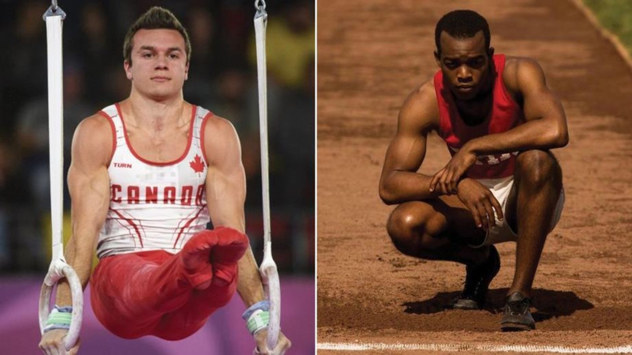 A gauche, le gymnaste René Cournoyer aux anneaux et à droite, un sprinter accroupi devant la piste. A gauche, le gymnaste René Cournoyer aux anneaux et à droite, un sprinter accroupi devant la piste.