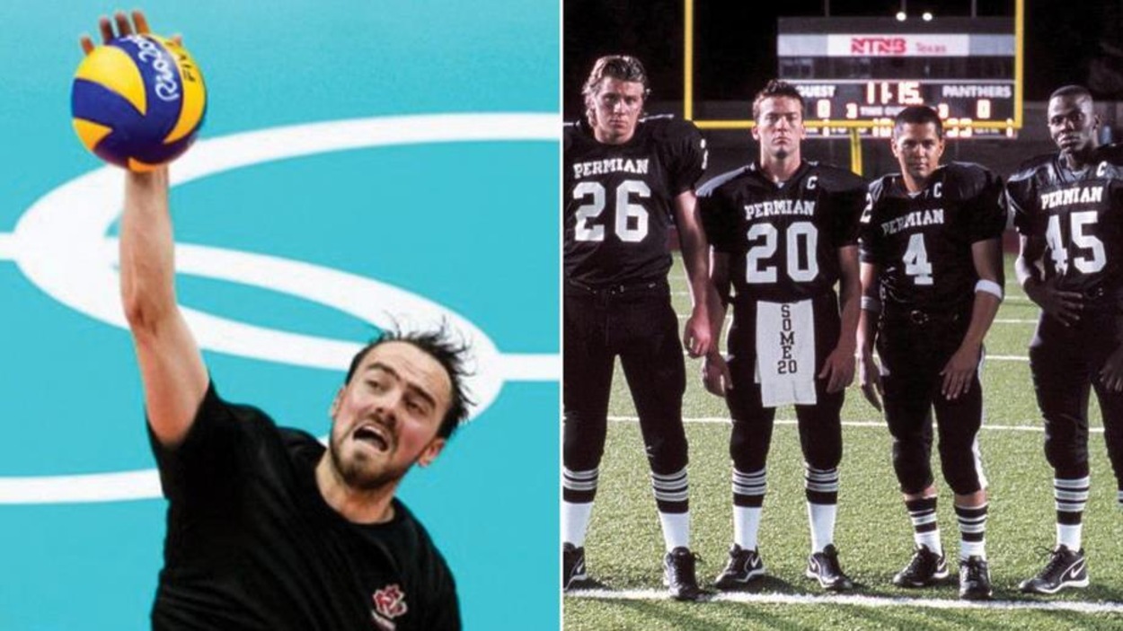 A gauche, le joueur de volley-ball Nicholas Hoag en train de faire un smash et à droite, quatre joueurs de football américain en uniformes noirs. A gauche, le joueur de volley-ball Nicholas Hoag en train de faire un smash et à droite, quatre joueurs de football américain en uniformes noirs.