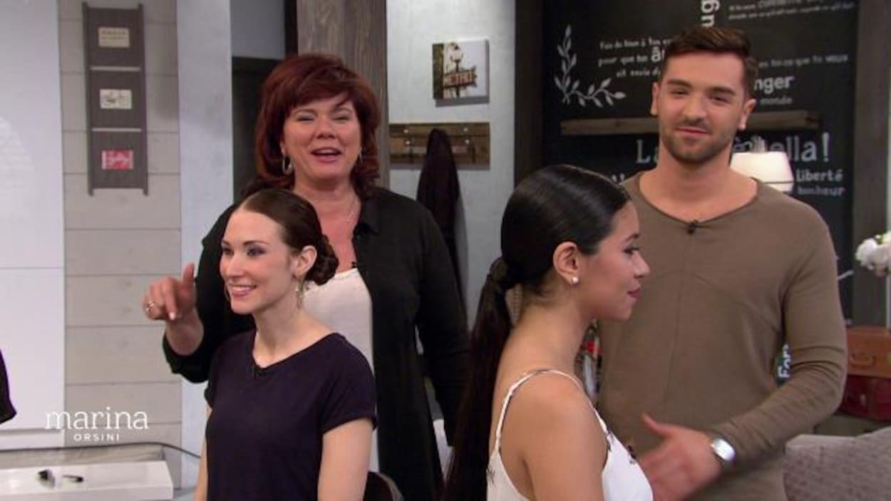 Marina Orsini, le chroniqueur coiffure Jean-Manuel Médina et deux modèles