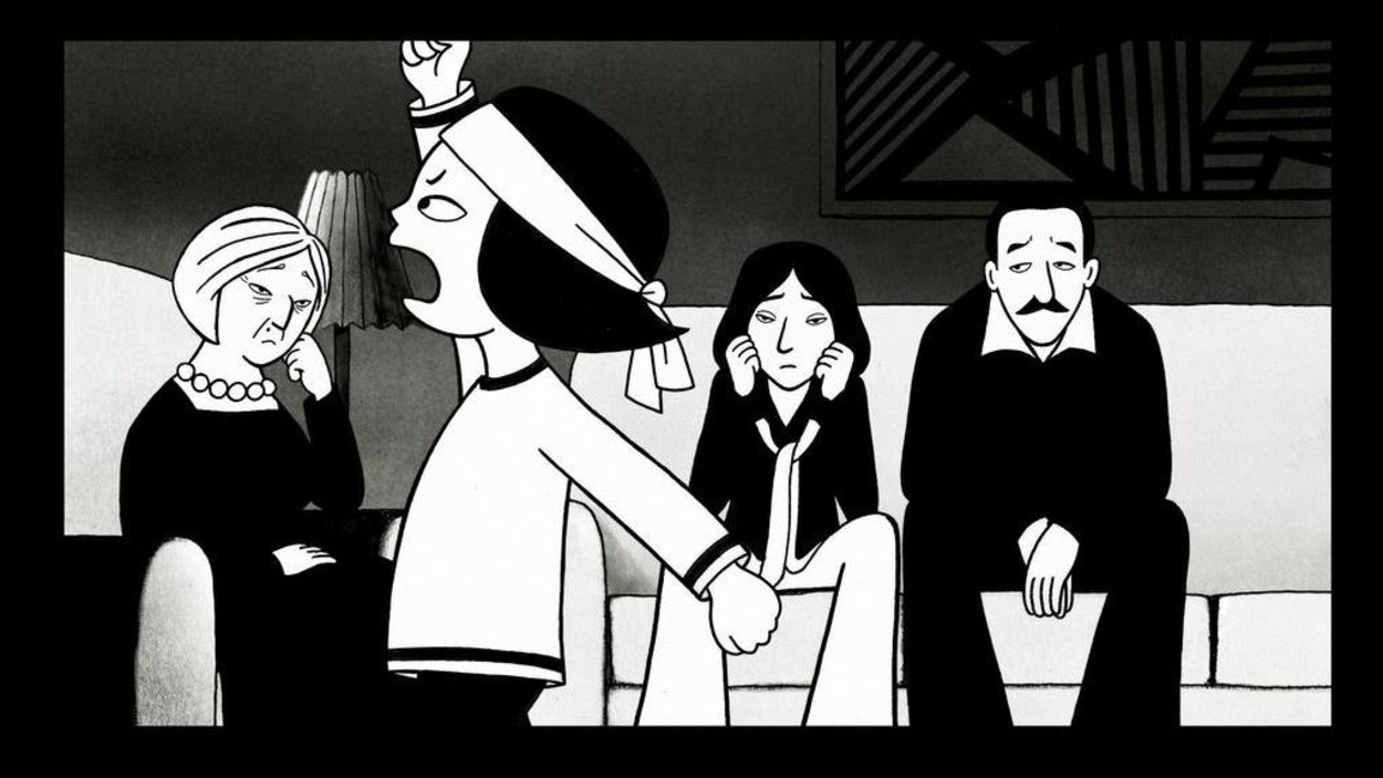 Dessin en noir et blanc d'une petite fille jouant à la manifestante devant sa famille fatiguée Dessin en noir et blanc d'une petite fille jouant à la manifestante devant sa famille fatiguée