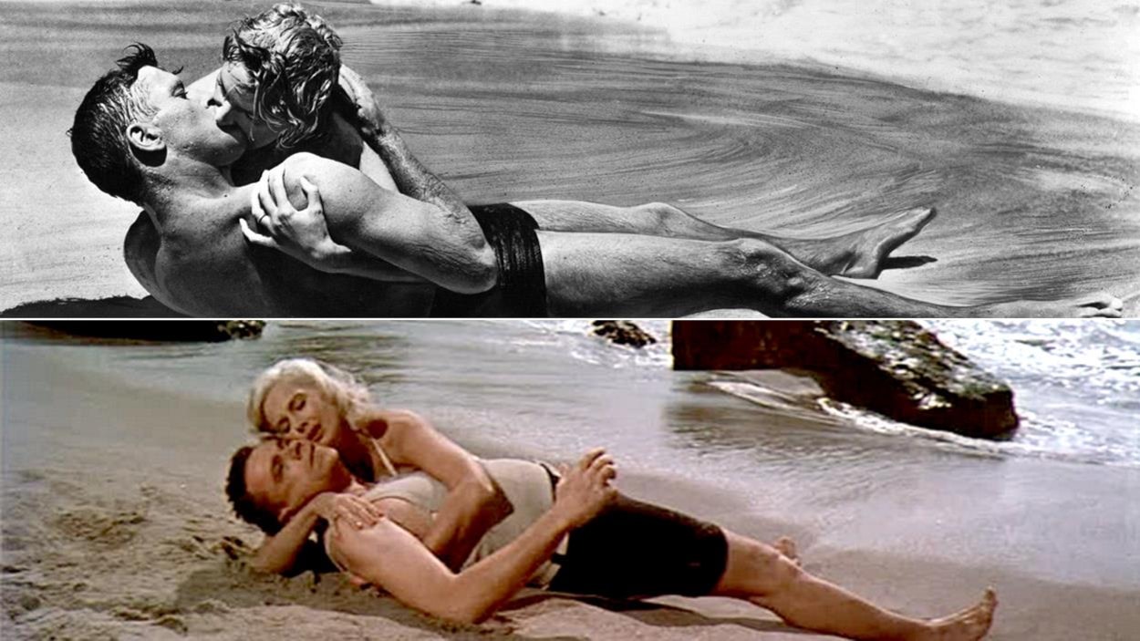 Un couple enlacé sur la plage, la même scène reproduite en couleurs en bas. Un couple enlacé sur la plage, la même scène reproduite en couleurs en bas.