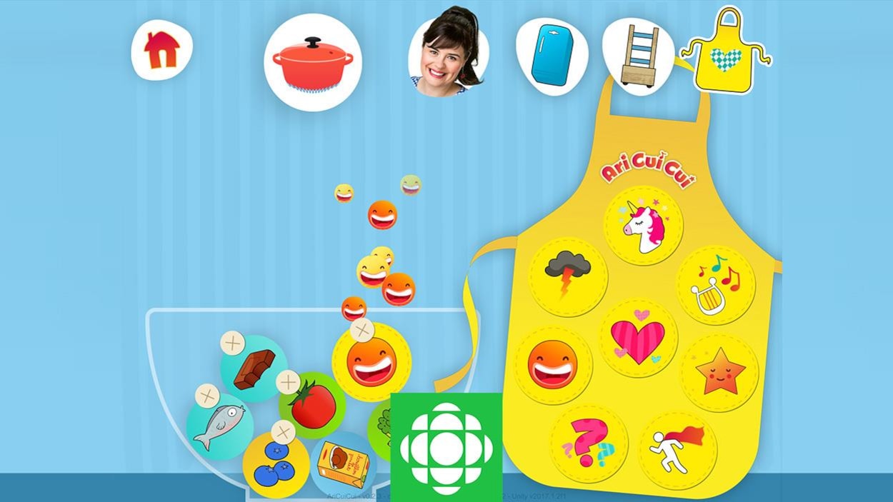Une image avec Ari Cui Cui, un tablier, des icônes avec des aliments et des ustensiles de cuisine. Cuisine-surprise est une appli amusante pour les petits enfants. Une image avec Ari Cui Cui, un tablier, des icônes avec des aliments et des ustensiles de cuisine. Cuisine-surprise est une appli amusante pour les petits enfants.