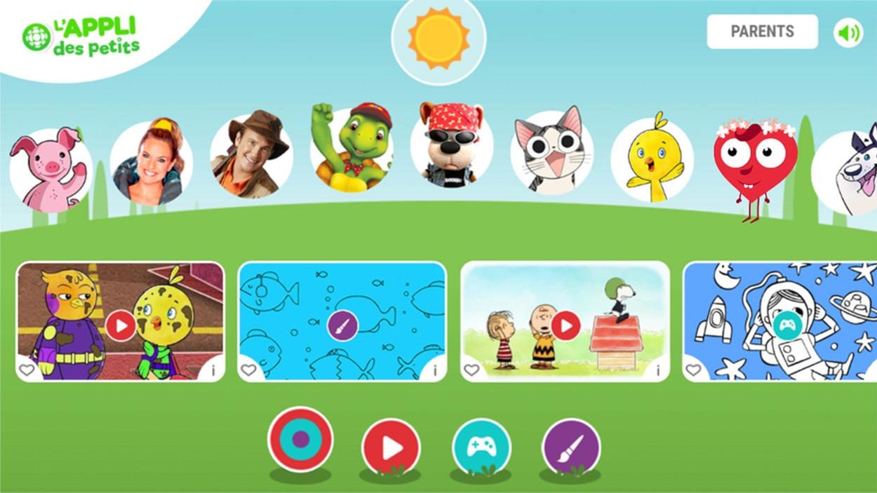 Une image de l'appli avec des personnages jeunesse (Chirp, Bookaboo...), un soleil et beaucoup de joie Une image de l'appli avec des personnages jeunesse (Chirp, Bookaboo...), un soleil et beaucoup de joie