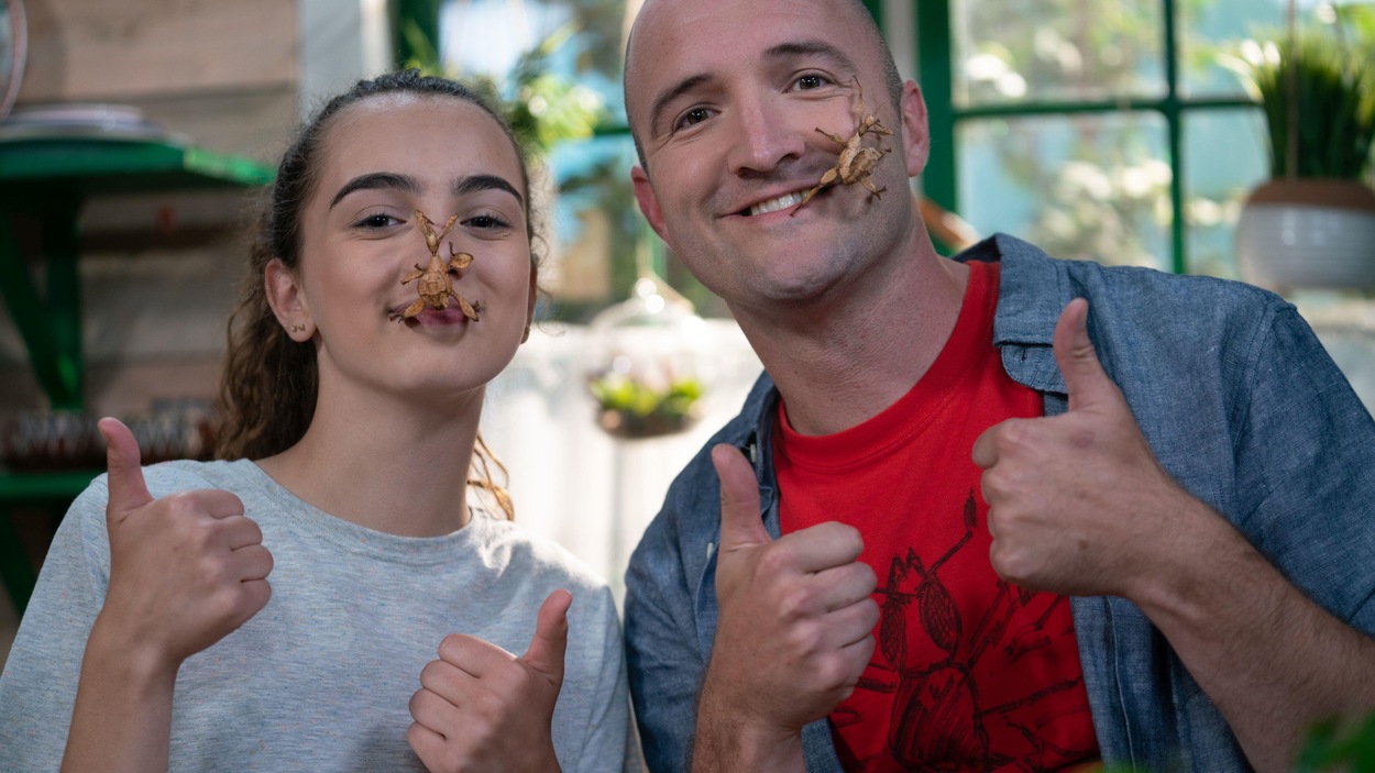 La jeune fille et l'animateur ont des insectes posés sur leur visage