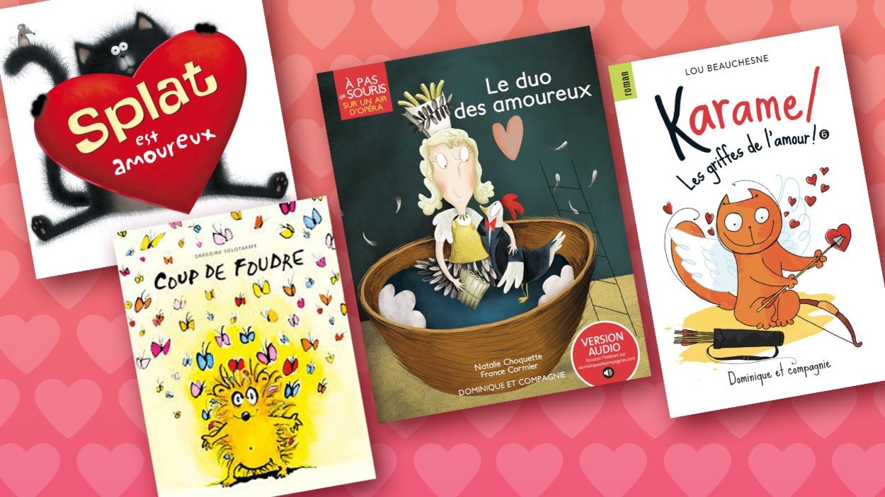 Montage avec les pages couverture des livres : Splat est amoureux, Coup de foudre, Le duo des amoureux, Karamel les griffes de l'amour. Montage avec les pages couverture des livres : Splat est amoureux, Coup de foudre, Le duo des amoureux, Karamel les griffes de l'amour.