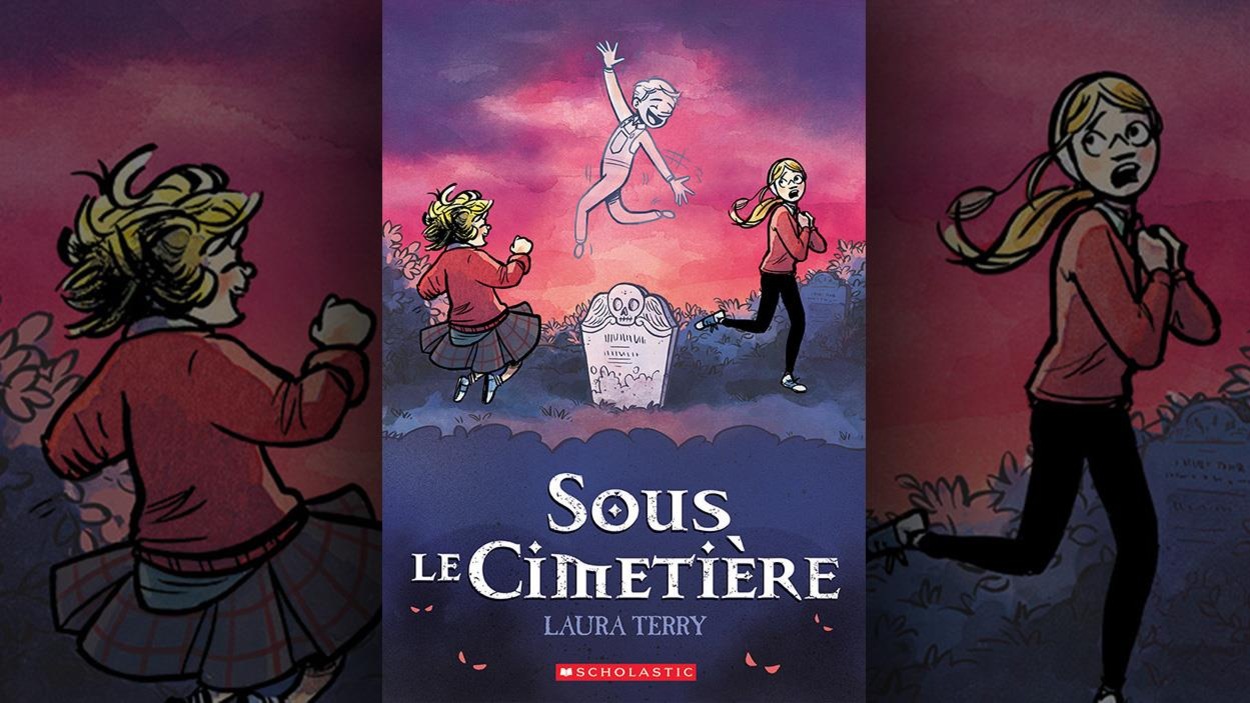 Couverture du livre où un fantôme joyeux émerge d'une pierre tombale. Couverture du livre où un fantôme joyeux émerge d'une pierre tombale.