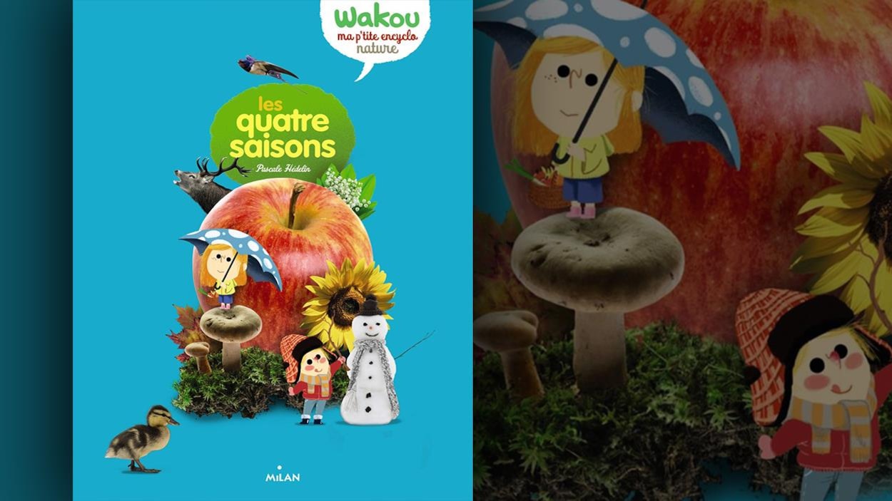 Couverture du livre Les quatre saison illustrant divers éléments comme une pomme, un bonhomme de neige, un tournesol, un champignon, un caneton. Couverture du livre Les quatre saison illustrant divers éléments comme une pomme, un bonhomme de neige, un tournesol, un champignon, un caneton.