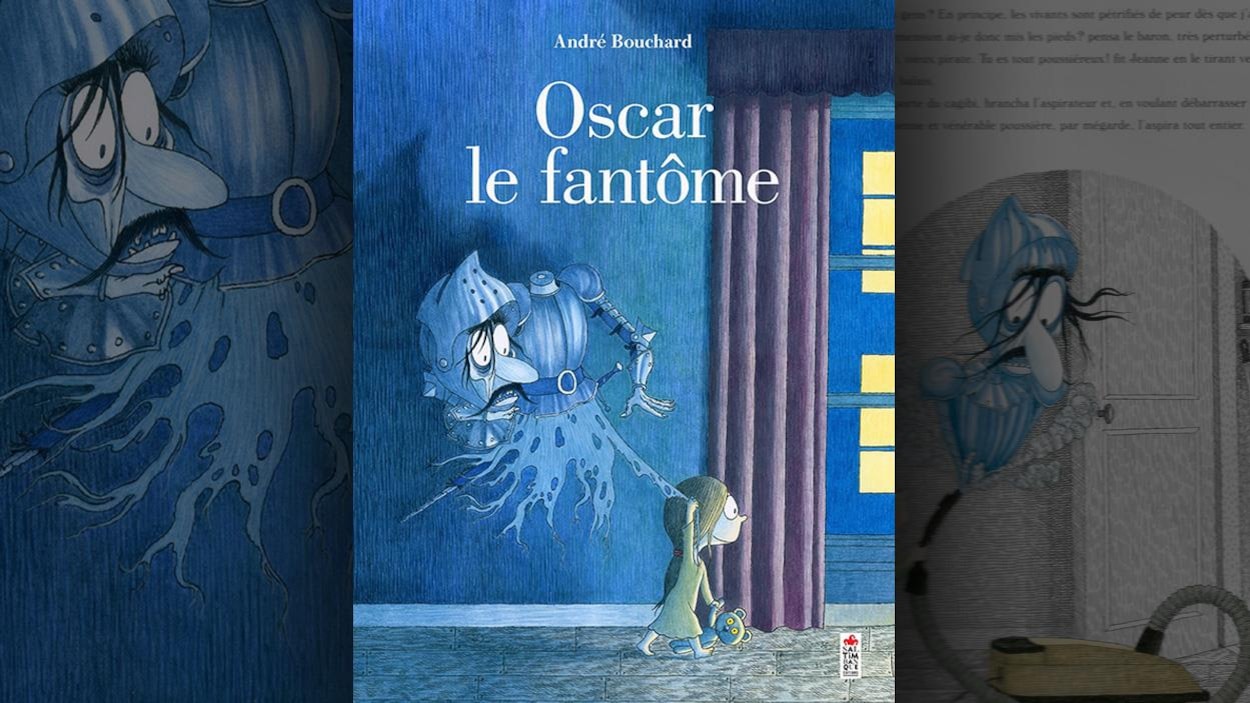 Couverture du livre : pendant la nuit, une petite fille souriante se promène avec un fantôme de chevalier qui tient sa tête coupée. Elle le traîne par les lambeau de son habit. Couverture du livre : pendant la nuit, une petite fille souriante se promène avec un fantôme de chevalier qui tient sa tête coupée. Elle le traîne par les lambeau de son habit.