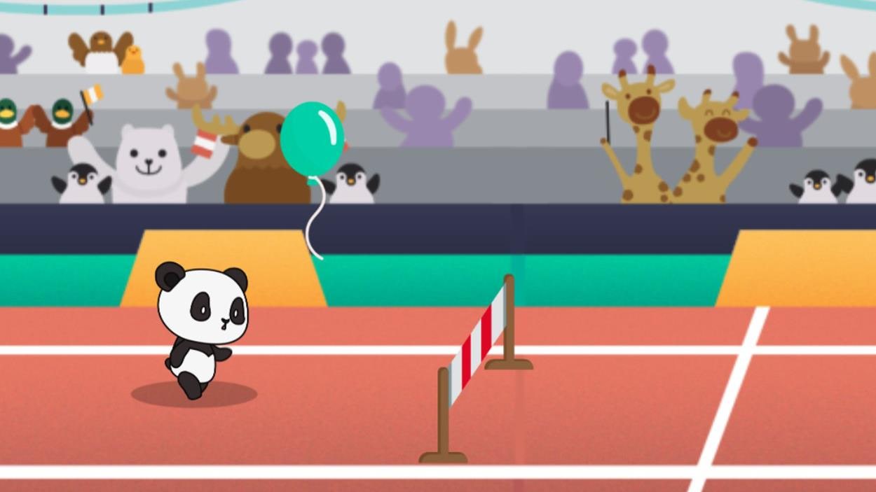Le panda fait une course de haies dans un stade olympique Le panda fait une course de haies dans un stade olympique