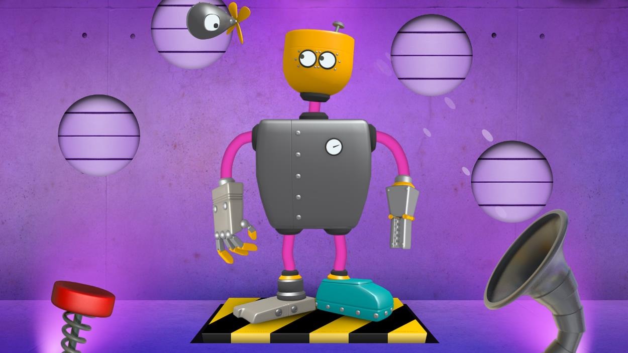 Un robot coloré et joyeux entouré de vis Un robot coloré et joyeux entouré de vis
