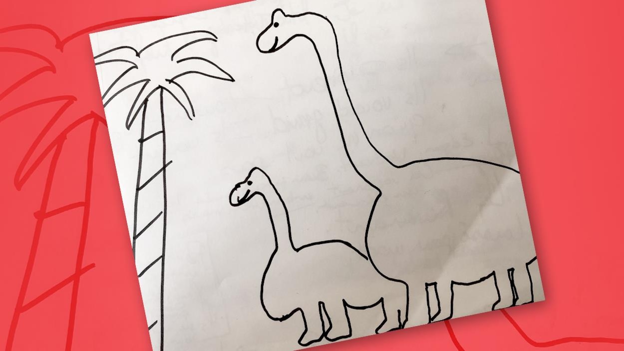 On voit un bébé dinosaure marcher avec son parent près d'un arbre On voit un bébé dinosaure marcher avec son parent près d'un arbre