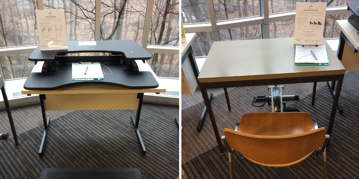 À gauche : un poste de travail amovible permettant de travailler debout placé devant une fenêtre.
À droite : un poste de travail équipé de pédales. À gauche : un poste de travail amovible permettant de travailler debout placé devant une fenêtre.
À droite : un poste de travail équipé de pédales.