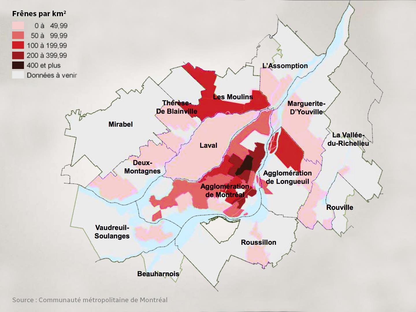 Répartition de l'agrile du frêne dans la grande région de Montréal Répartition de l'agrile du frêne dans la grande région de Montréal