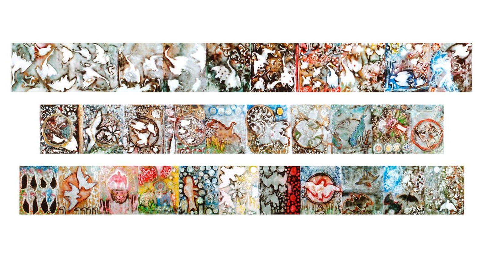 Une immense fresque colorée réalisée à l’aide de bombes aérosol, sui se présente comme une succession de tableaux animaliers, habités par des objets courants représentés le plus souvent en silhouette, privilégiant des effets atmosphériques au gré d’une mécanique céleste. Une immense fresque colorée réalisée à l’aide de bombes aérosol, sui se présente comme une succession de tableaux animaliers, habités par des objets courants représentés le plus souvent en silhouette, privilégiant des effets atmosphériques au gré d’une mécanique céleste.