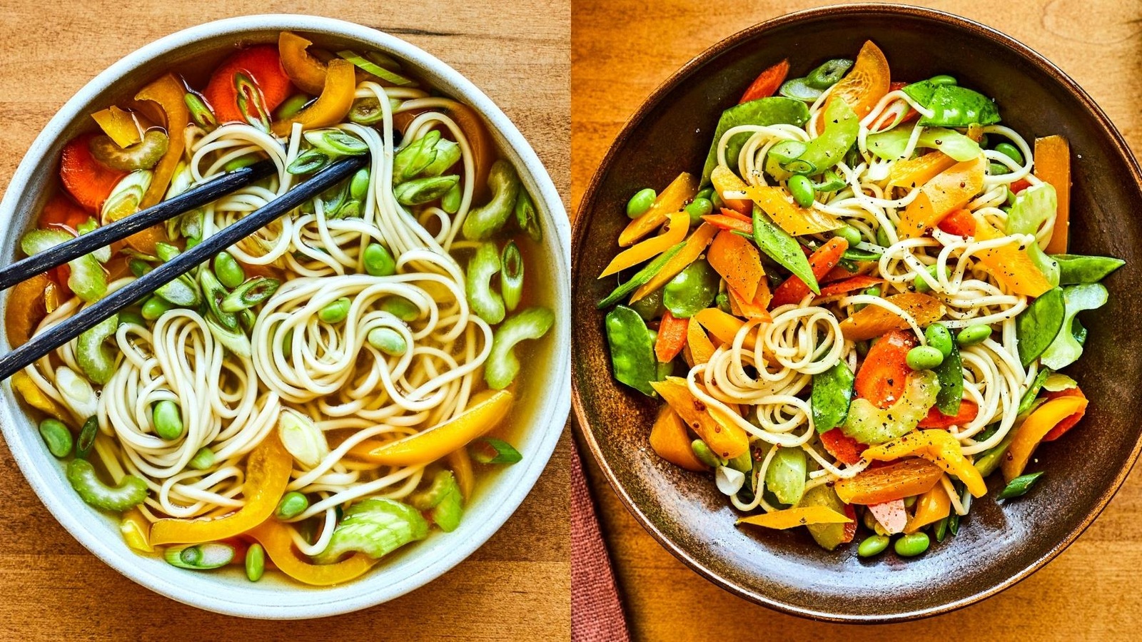 Deux bols sont posés côte-à-côte: l'un est rempli de salade et l'autre, de soupe.