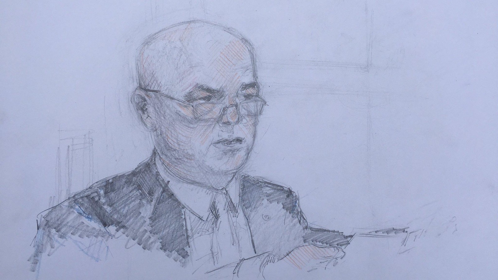 Un croquis de Bob Paulson à la barre des témoins Un croquis de Bob Paulson à la barre des témoins
