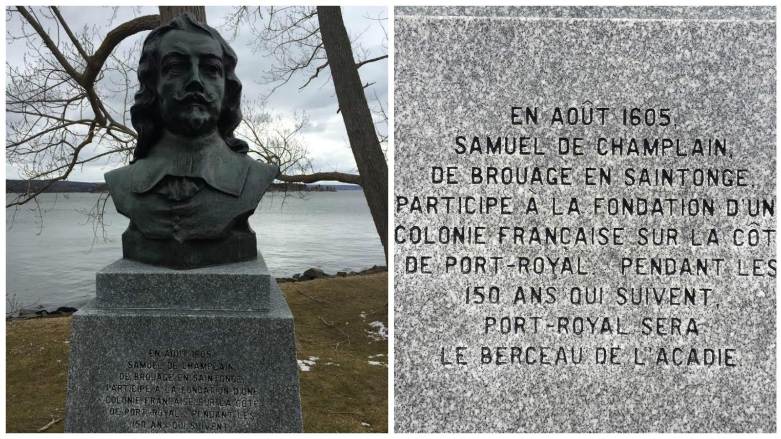Un buste de Champlain et le texte en plan rapproché Un buste de Champlain et le texte en plan rapproché