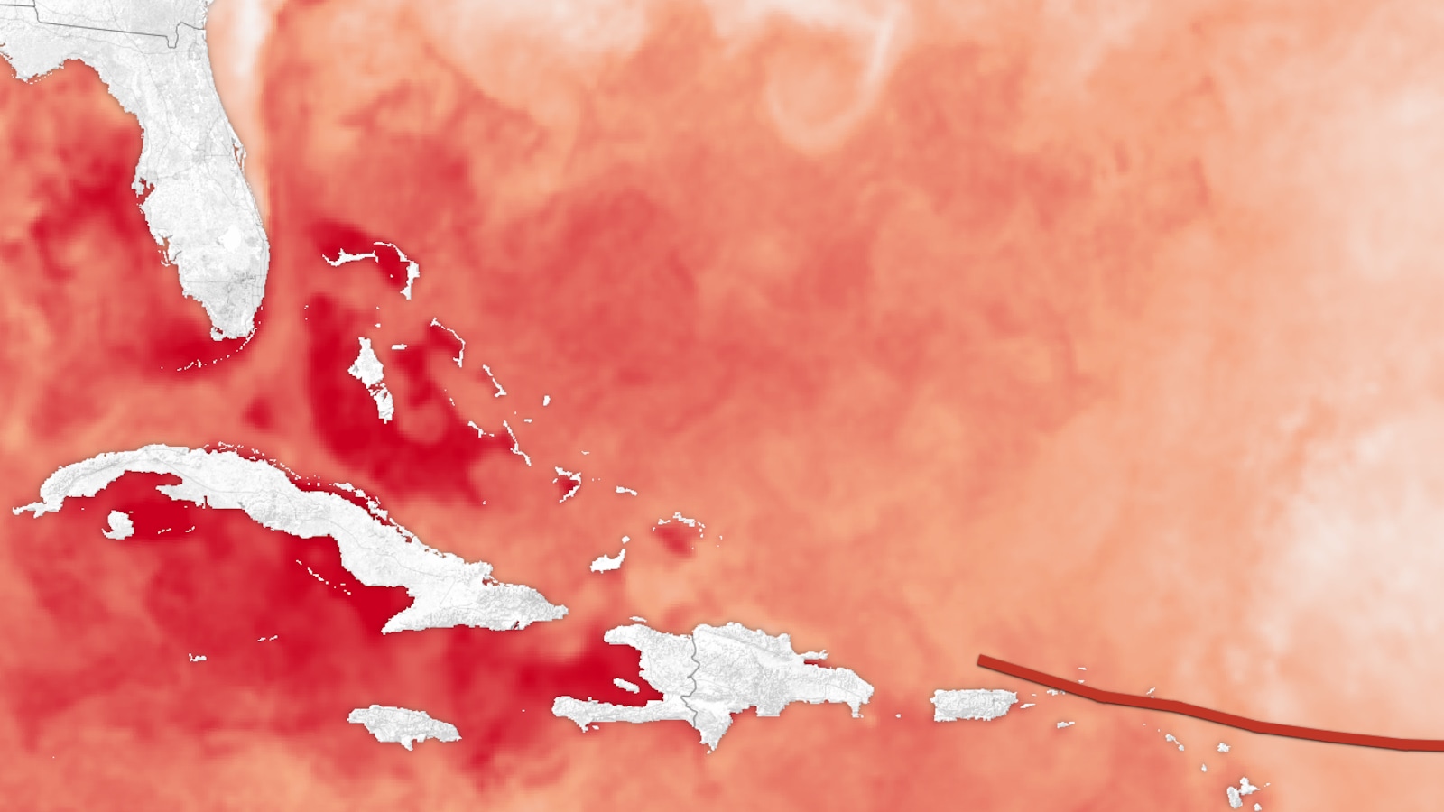 Les zones rouge pâle avoisinent les 28 degrés Celsius alors que les zones foncées atteignent les 30 degrés Celsius. Les zones rouge pâle avoisinent les 28 degrés Celsius alors que les zones foncées atteignent les 30 degrés Celsius.