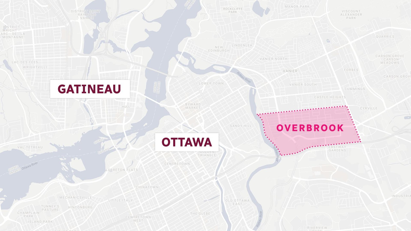Une carte d'Ottawa situant le quartier d'Overbrook. Une carte d'Ottawa situant le quartier d'Overbrook.
