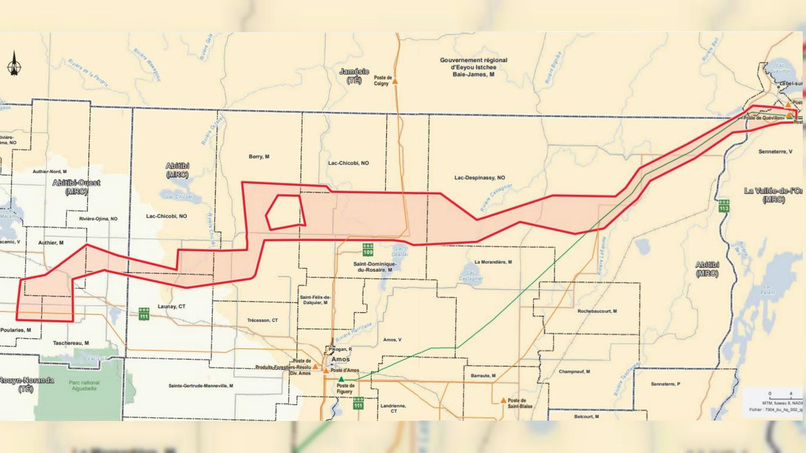 Une carte indique un corridor passant à travers les MRC d'Abitibi et Abitibi-Ouest. Une carte indique un corridor passant à travers les MRC d'Abitibi et Abitibi-Ouest.