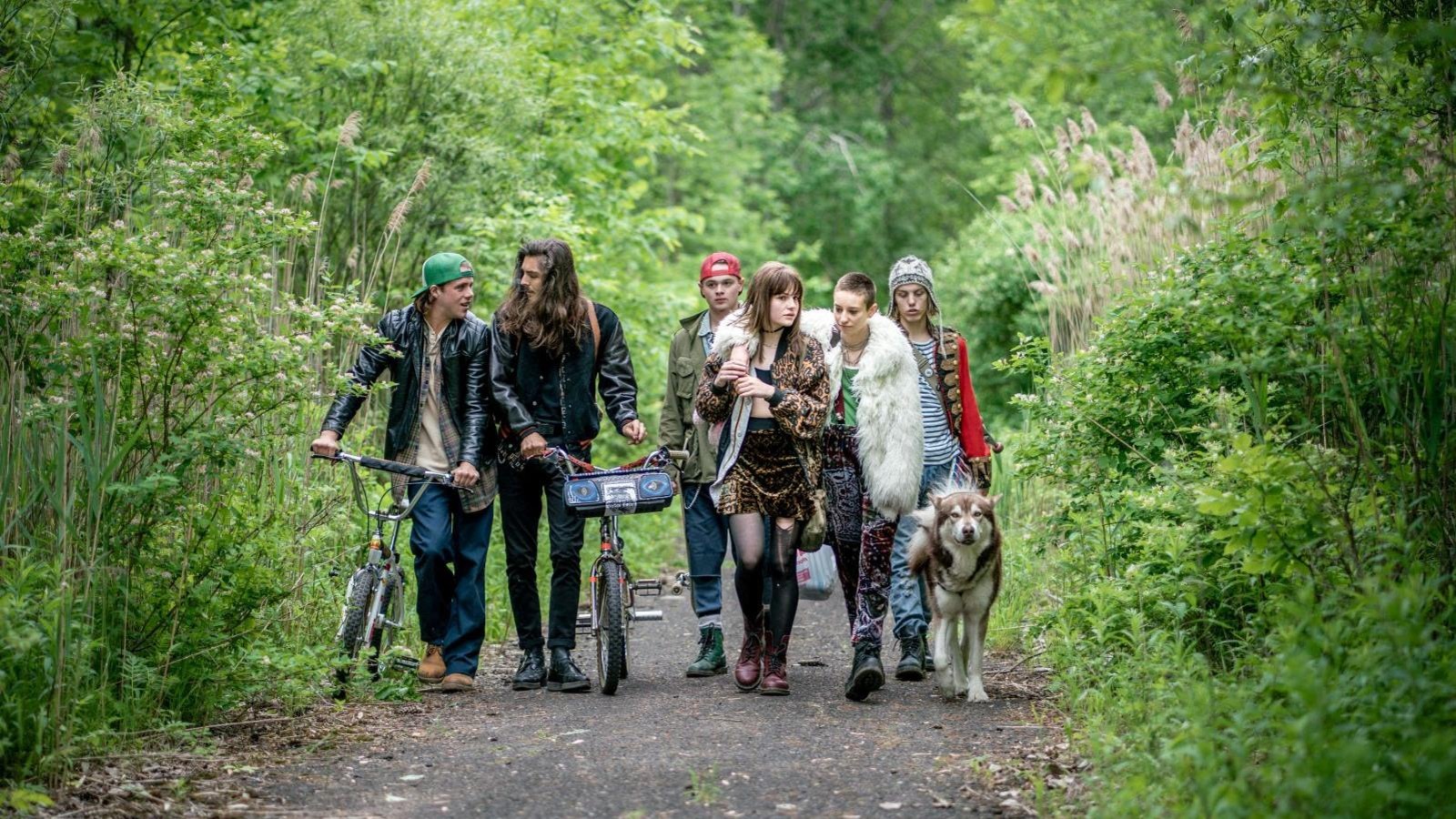 Un groupe de jeunes marchent sur un chemin avec un chien. Un groupe de jeunes marchent sur un chemin avec un chien.