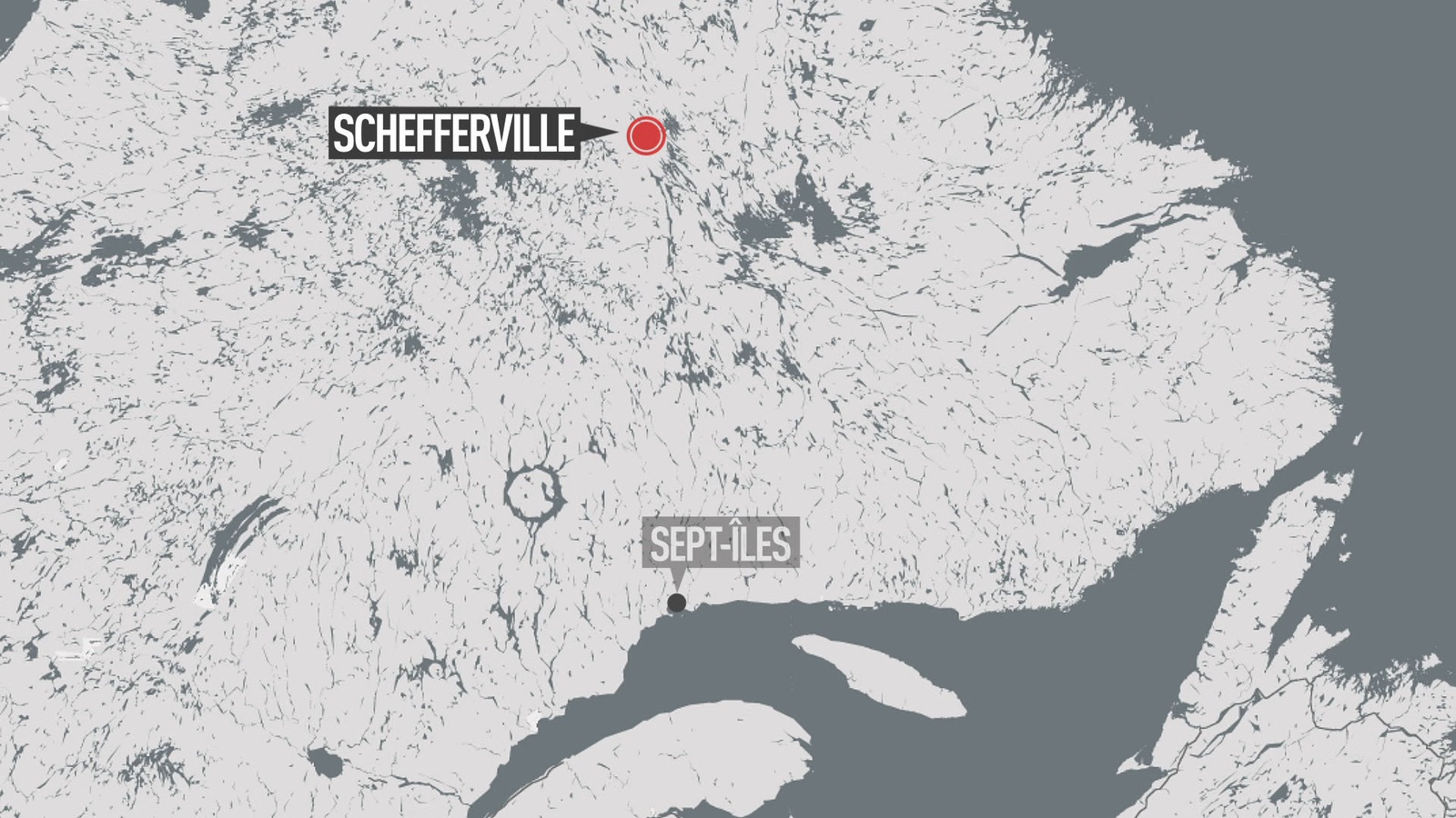 Carte de l'est du Québec où l'on voit Sept-Îles au sud et Schefferville au nord. Carte de l'est du Québec où l'on voit Sept-Îles au sud et Schefferville au nord.
