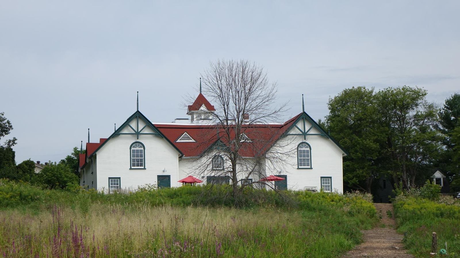 La photo montre un bâtiment de ferme blanc et un champ de fleurs La photo montre un bâtiment de ferme blanc et un champ de fleurs