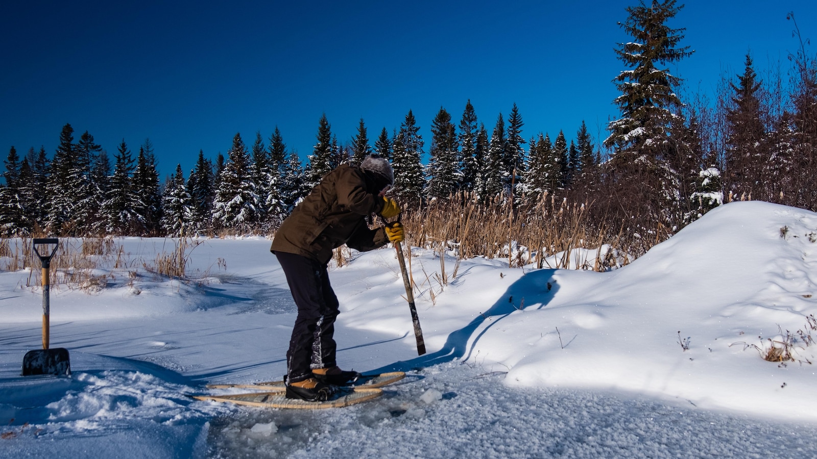 Luc Farrell, en raquettes, vérifie la turbidité de l'eau sous la couche de glace. Luc Farrell, en raquettes, vérifie la turbidité de l'eau sous la couche de glace.