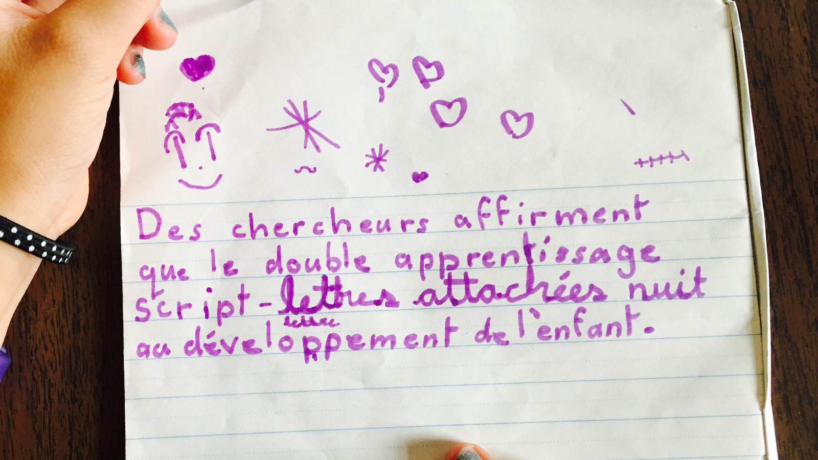 Une écolière écrit à la main en lettres détachées et attachées dans un cahier. Une écolière écrit à la main en lettres détachées et attachées dans un cahier.