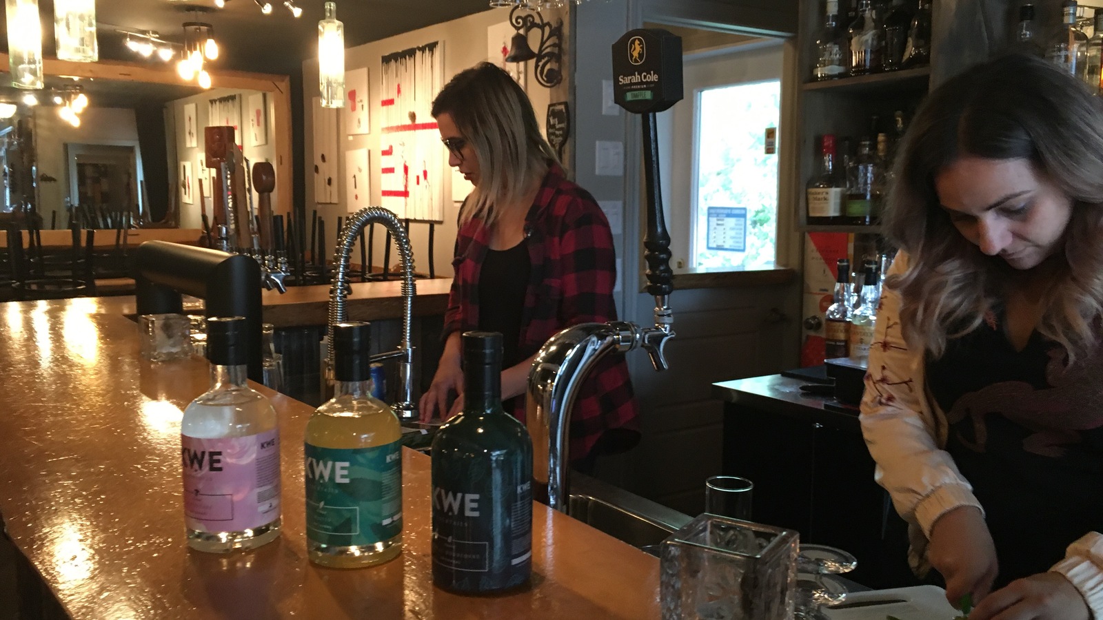 Les deux femmes d'affaires derrière un bar en train de préparer des boissons. Les deux femmes d'affaires derrière un bar en train de préparer des boissons.