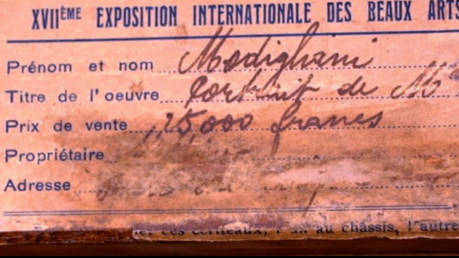 Étiquette de la Biennale de Venise de 1930 à l'endos d'une toile de Modigliani Étiquette de la Biennale de Venise de 1930 à l'endos d'une toile de Modigliani