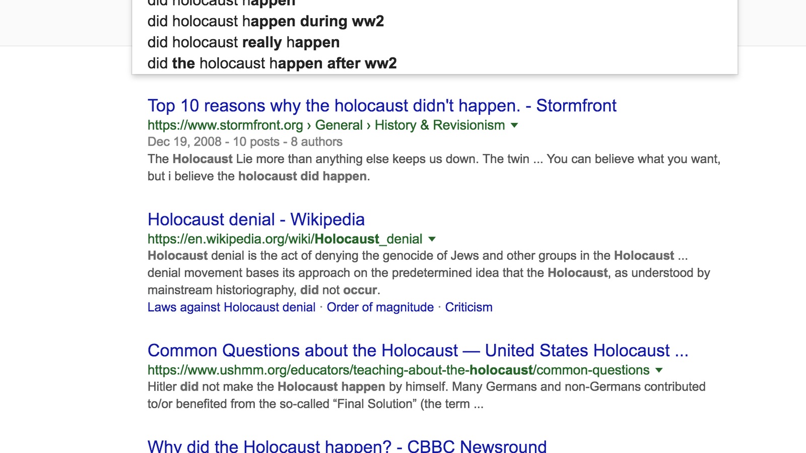 Première page de résultats (en anglais) dont des liens pointes vers des sites qui nient la réalité de l'Holocauste Première page de résultats (en anglais) dont des liens pointes vers des sites qui nient la réalité de l'Holocauste