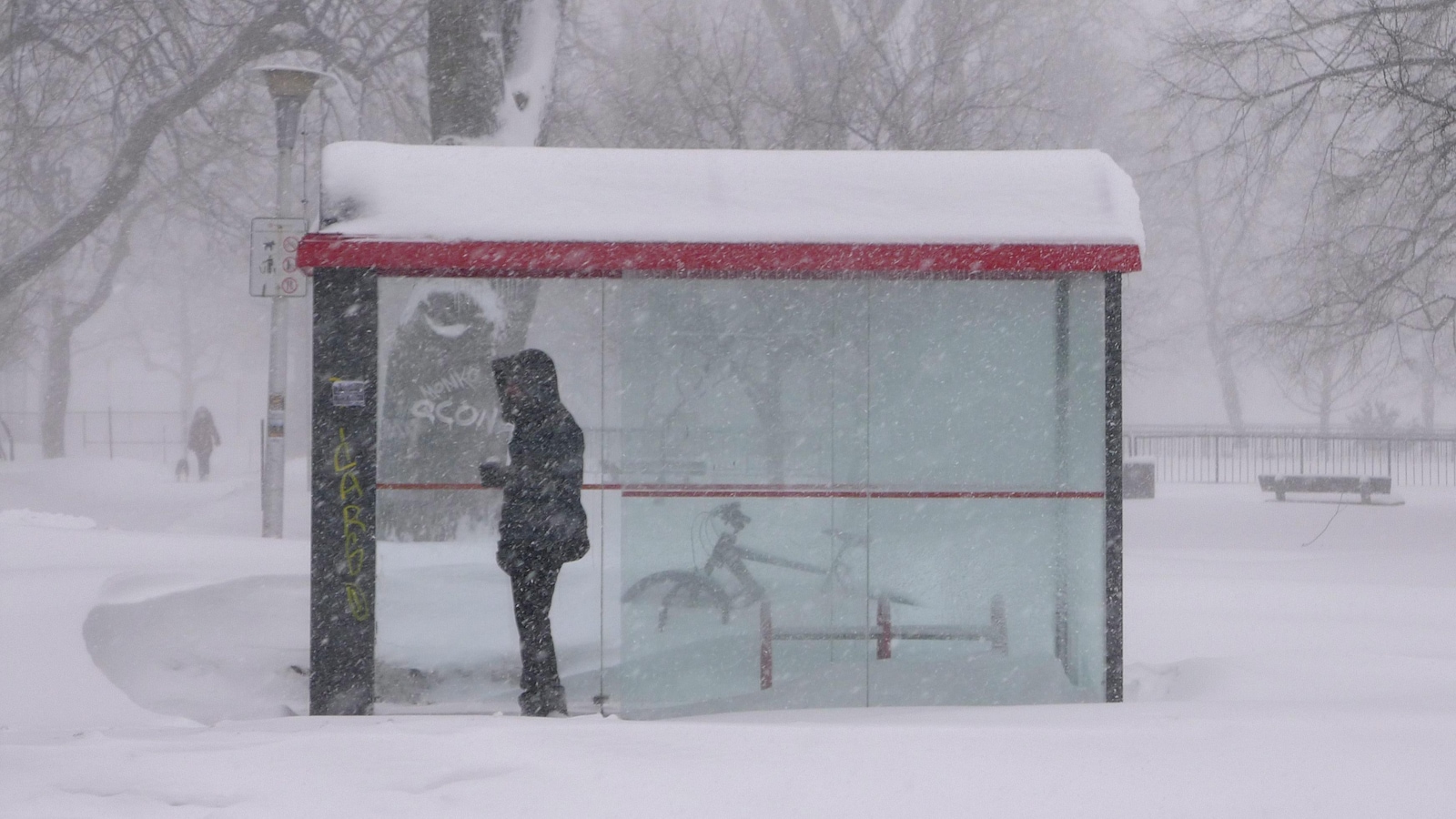 Une personne attend l'autobus dans un abribus à Montréal pendant une tempête de neige. Une personne attend l'autobus dans un abribus à Montréal pendant une tempête de neige.