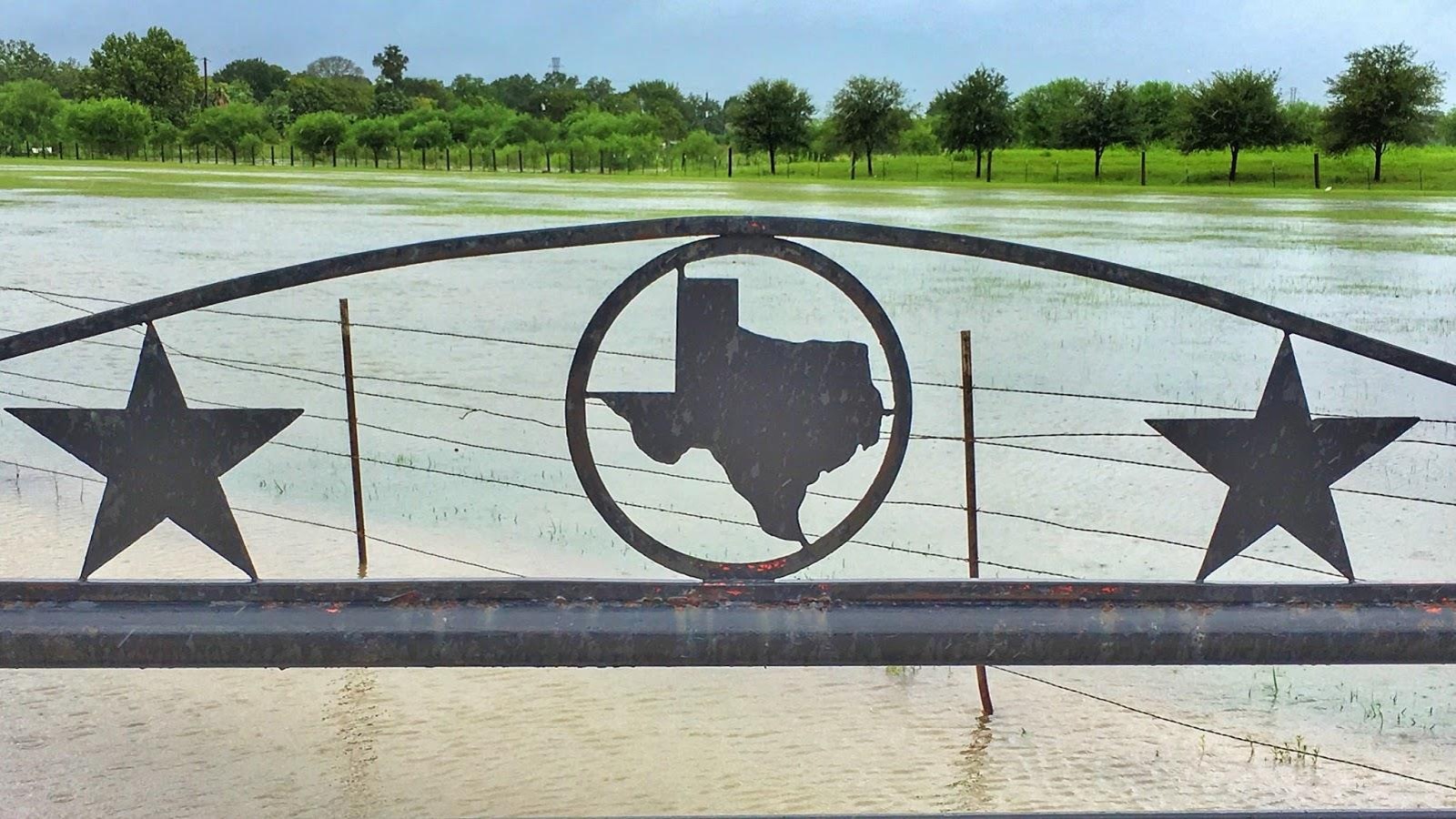 Devant un terrain inondé, une barrière affiche la forme de l'État du Texas encadré de deux étoiles Devant un terrain inondé, une barrière affiche la forme de l'État du Texas encadré de deux étoiles