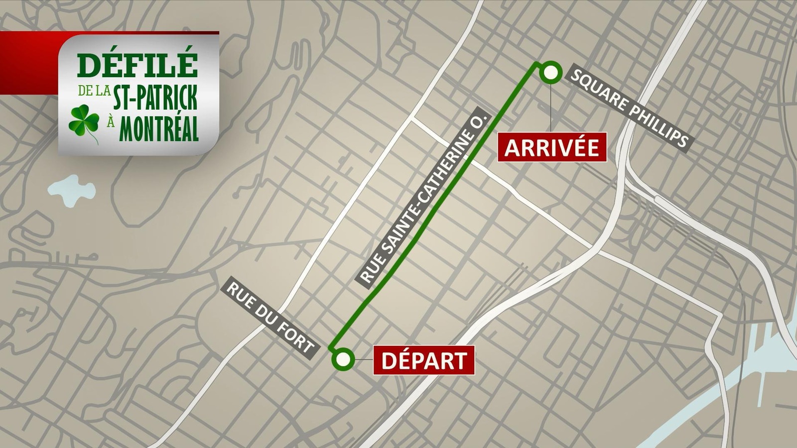Le parcours du défilé de la Saint-Patrick à Montréal Le parcours du défilé de la Saint-Patrick à Montréal