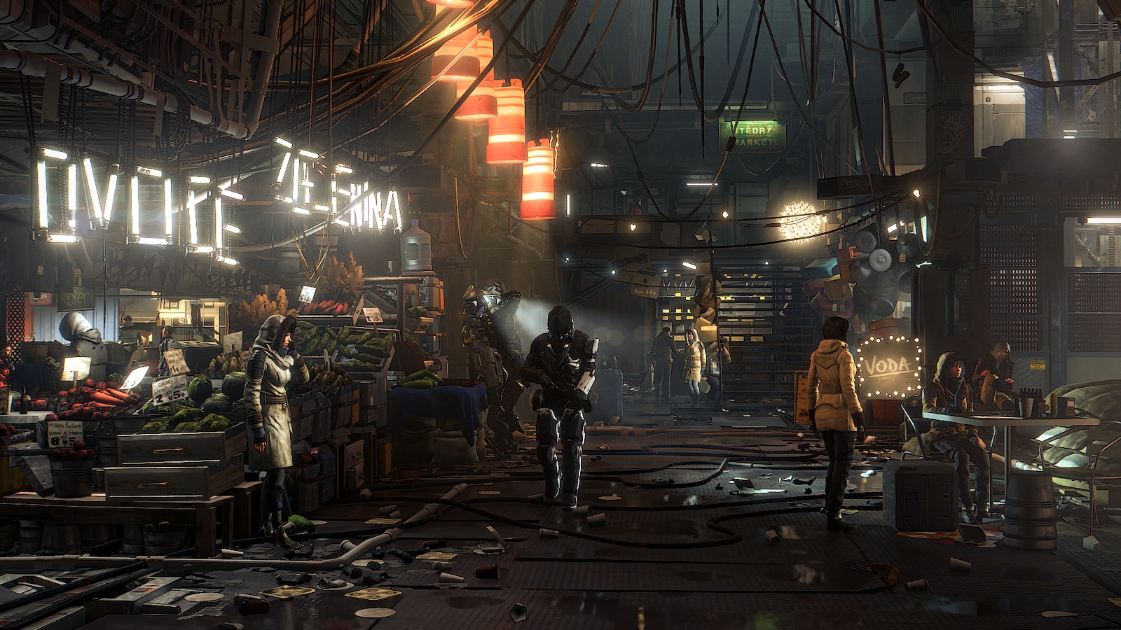 Scène finale du village Golem du jeu Deus Ex : Mankind Divided avec les textures et le rendu Scène finale du village Golem du jeu Deus Ex : Mankind Divided avec les textures et le rendu