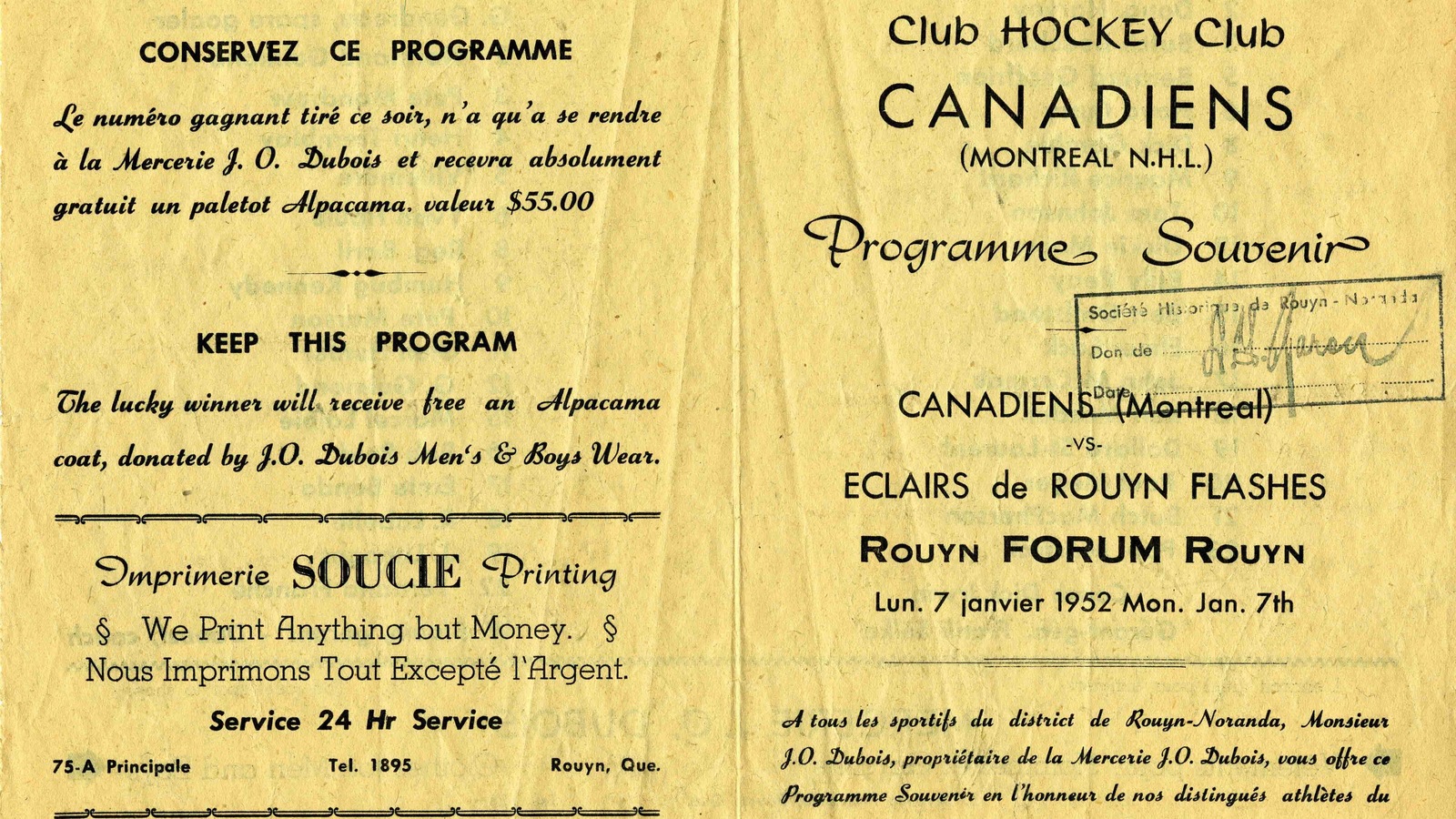 Photo d'archives démontrant le programme de la soirée du match entre les Canadiens de Montréal et les Éclairs de Rouyn-Noranda en 1952. Photo d'archives démontrant le programme de la soirée du match entre les Canadiens de Montréal et les Éclairs de Rouyn-Noranda en 1952.