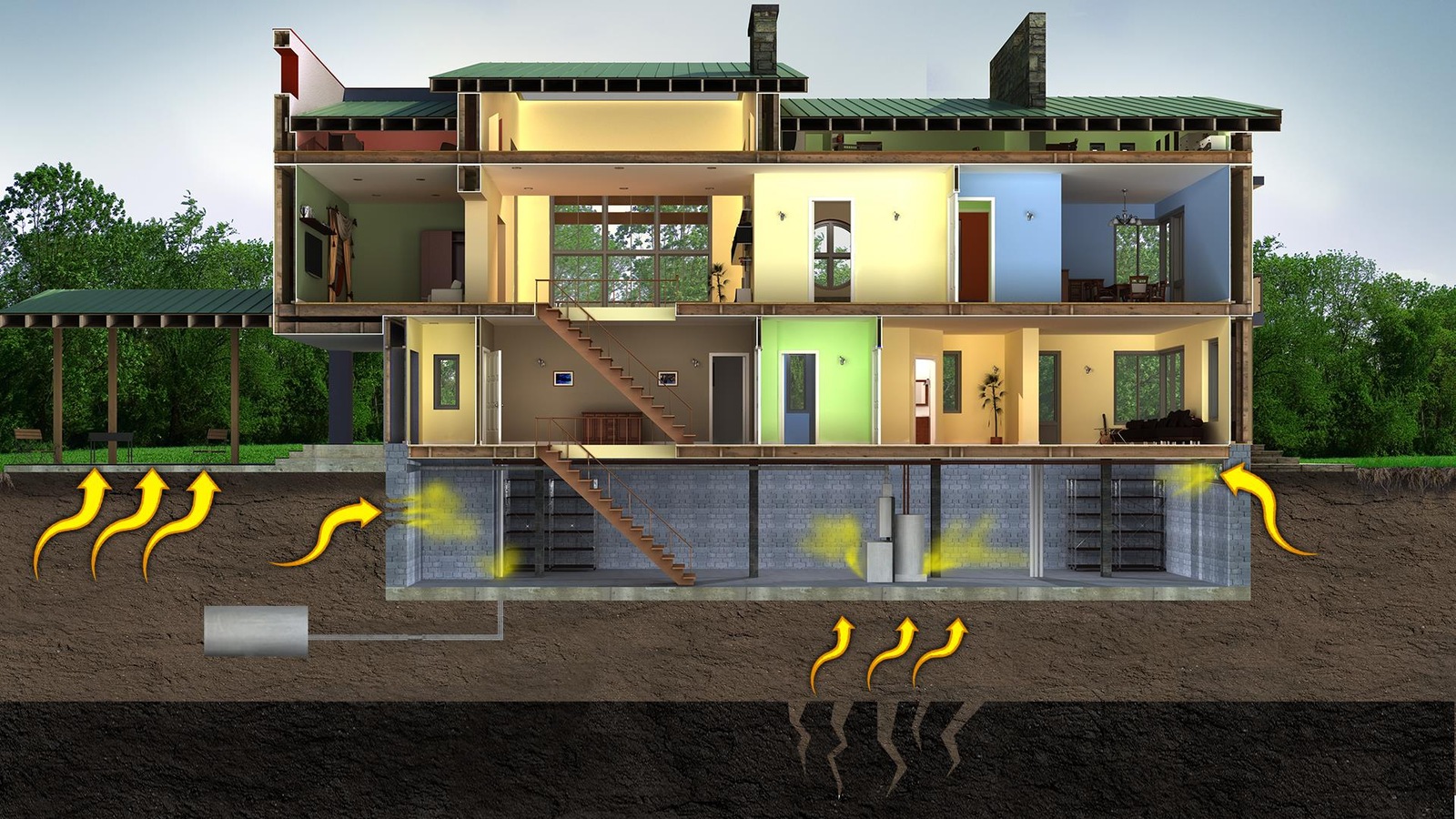 Graphique d'une maison avec des flèches qui montrent les chemins empruntés par le radon Graphique d'une maison avec des flèches qui montrent les chemins empruntés par le radon