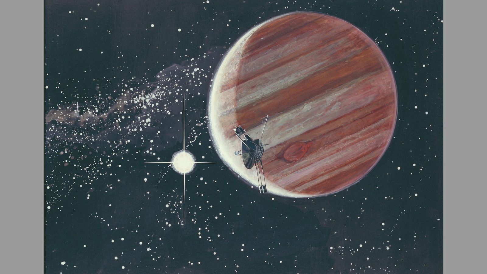 Illustration en couleur de la sonde américaine Pioneer 10 passant près de Jupiter Illustration en couleur de la sonde américaine Pioneer 10 passant près de Jupiter